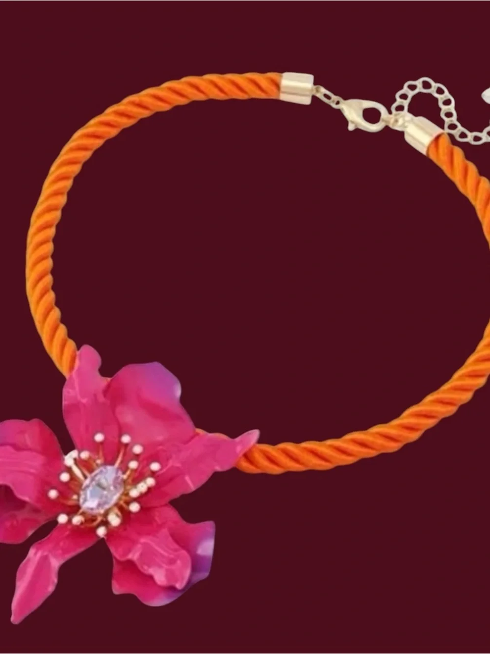 Betsey Johnson Orange Rope Necklace with Hot Pink Floral Pendant - Picture 5 of 16